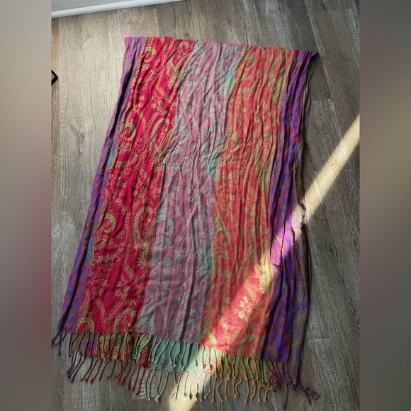 VTG Neck Scarf Made In India Boho Hippie Multi Color Pink Purple Green Fringe - Picture 2 of 6
